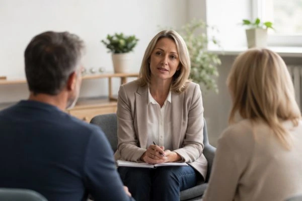 Couple discussing financial arrangement , pensions in divorce Rochdale